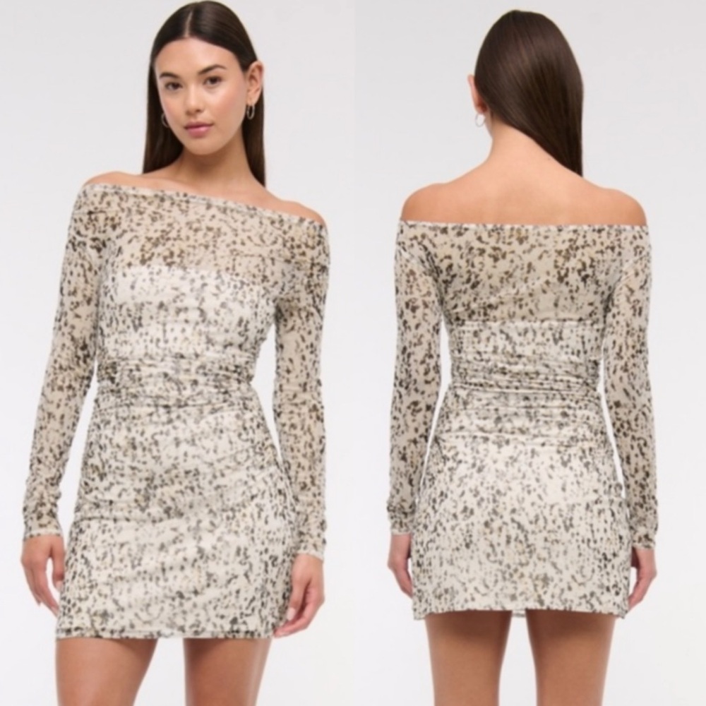 Abercrombie & Fitch Off-The-Shoulder Mesh Printed Mini Bodycon Dress Cream XSP